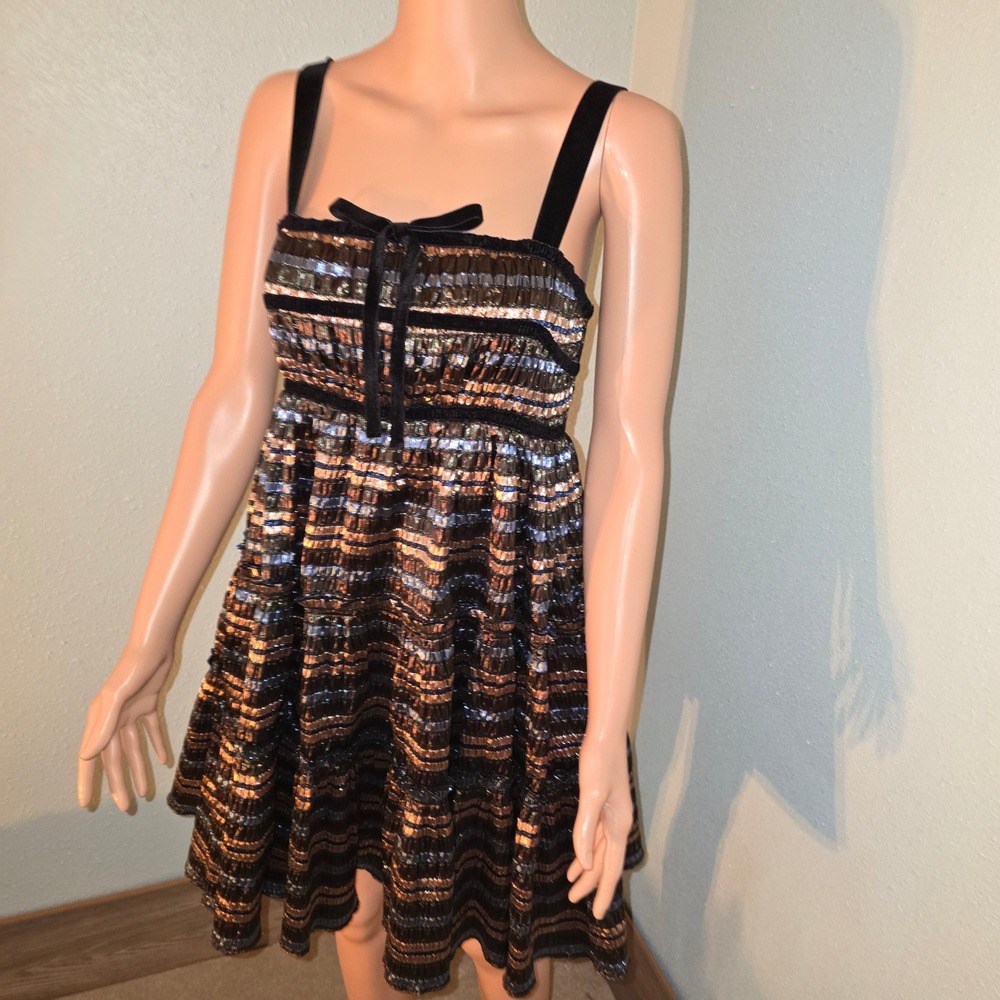 Hunter Bell Metallic Stripe Mini Dress Velvet Trim Straps Evening Party‎ Small